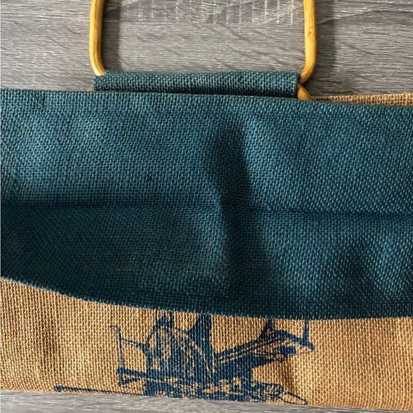 Fenton Glass Tan and Blue Tote Bag with Bamboo Handles - Picture 3 of 4